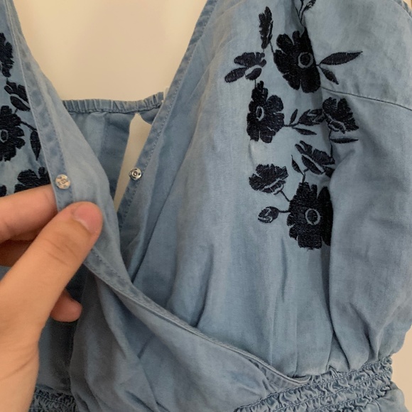 Blue Floral Spaghetti Strap Chambray Romper - Picture 2 of 3